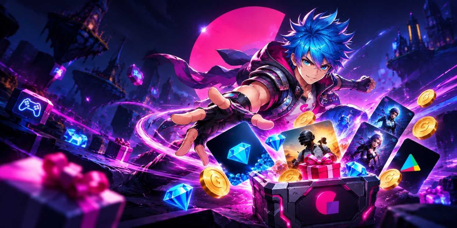 Neon lootbox hero in cyber fantasy